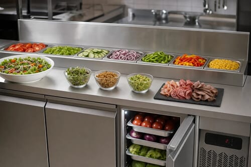 Salatkjølebenk med garnityrrenne til storkjøkken Salatkjølebenk med garnityrrenne til storkjøkken