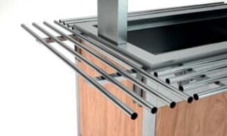 BUF TUB Lang sidehylle stålrør brettbane buffet buffetvogn salatdisk salatbar varm kald Rocam Scheie storkjøkken 3-TUB.jpg