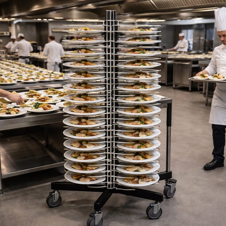 Tallerkenstativ som forbedrer logistikk og serveringsflyt i storkjøkken