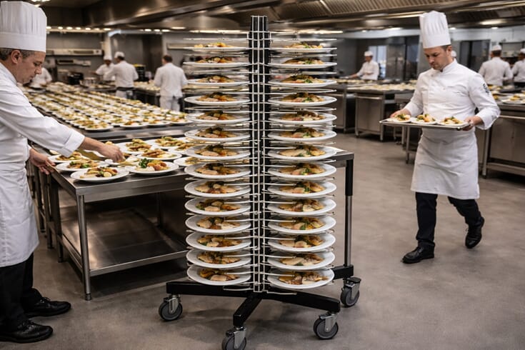 Tallerkenstativ som forbedrer logistikk og serveringsflyt i storkjøkken
